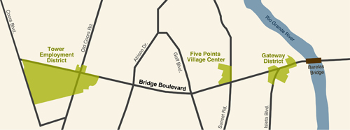 A map of Bernalillo Boulevard showing the proposed Gateway District, Five Points Village Center, and Tower Employment District in the redevelopment corridor west of Barelas Bridge.
