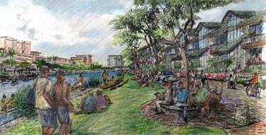An artist’s rendering of how the community envisions the Kapalama station’s transit-oriented development would look, featuring a pedestrian path and residential development where a warehouse currently is located.