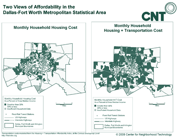 Maps showing two views of affordability in the Dallas-Fort Worth Metropolitan Statistical Area.