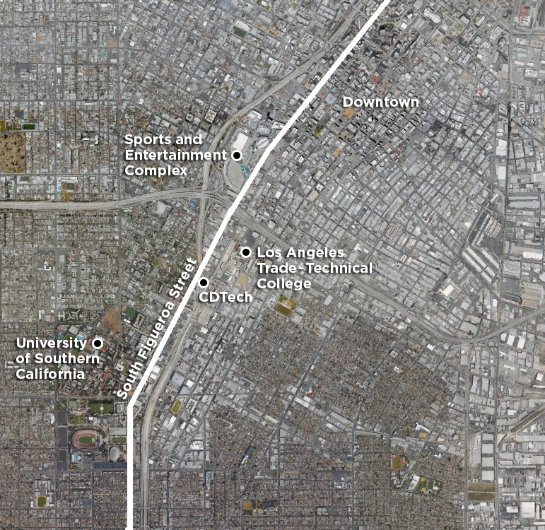 Satellite photograph of the South Figueroa Street corridor, with labels for the institutions (including CDTech and the Los Angeles Trade-Technical College) and economic drivers (downtown sports and entertainment complex and the University of Southern California) expanding opportunities for area residents.
