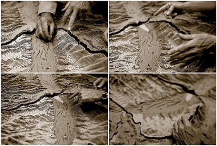 A composite of four images displaying hands pointing to various features on a three-dimensional contour model of the Lower Embudo Valley.