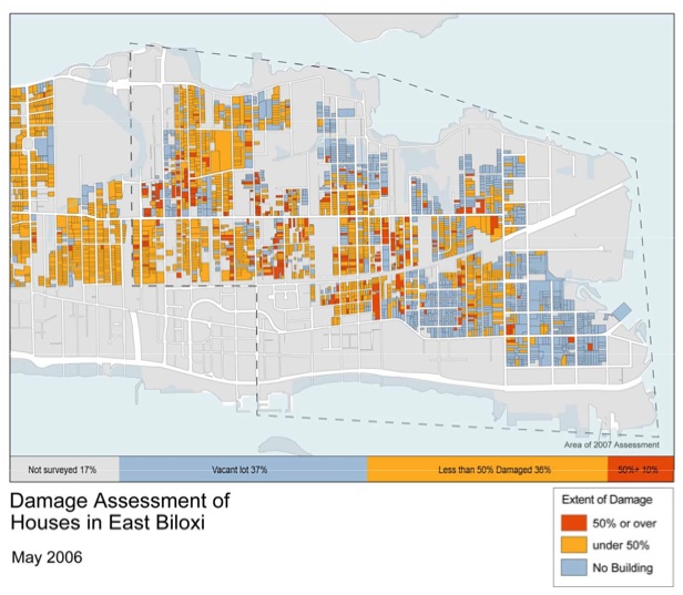 A picture of a thematic map of East Biloxi indicating the extent of storm damage to houses. Lots with buildings are shaded with one of two colors distinguishing two categories of damage to the buildings.