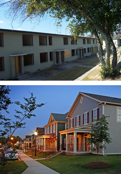 Photograph of two-story masonry townhouses with missing windows and doors, and photograph of several two-story duplexes with wood siding, pitched roofs, and front porches.