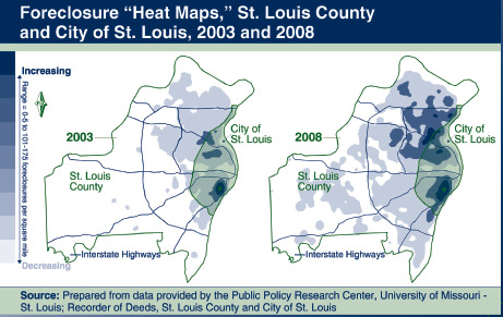 Heat maps showing foreclosures in St. Louis County and the City of St. Louis in 2003 and 2008.