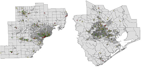 Distribution of LIHTC Properties, Detroit and Houston.