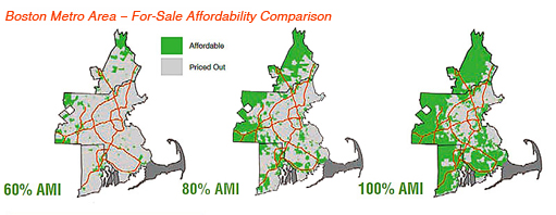 Maps show the location of affordable, for-sale homes relative to three income levels of workforce households — 60, 80, and 100 percent of area median income. 
Source: Urban Land Institute, J. Robert Terwilliger Center for Workforce Housing