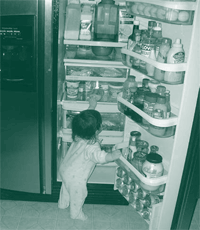 A picture of a child standing in front of an open high-efficiency refrigerator.