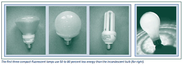 A picture of three compact fluorescent lamps and one incandescent lamp.