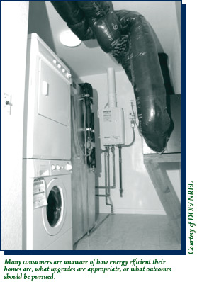 A typical laundry room located in the basement of a home through which heating and cooling ducts and plumbing pipes run.