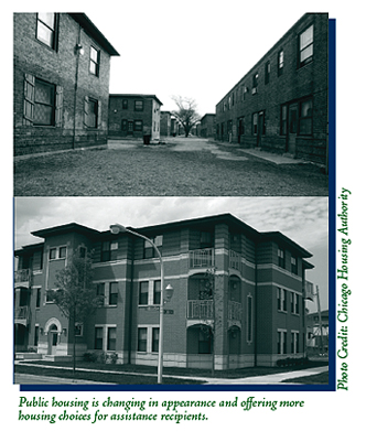 A picture of public housing before and after its redevelopment.