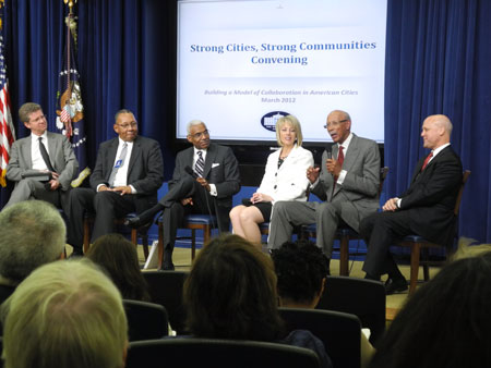 Pictured from left to right: Secretary Donovan, Mayor Linder (Chester), Mayor Wharton (Memphis), Mayor Swearengin (Fresno), Mayor Bing (Detroit), and Mayor Landrieu (New Orleans).