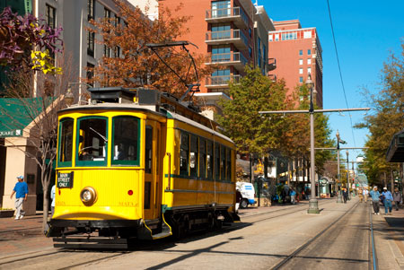 A streetcar passing through downtown Memphis.