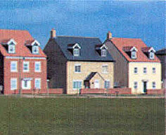Photograph of three two-storey English houses.