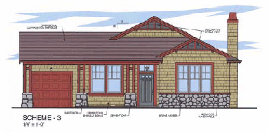 A drawing of a one-story brown house with a maroon garage door.