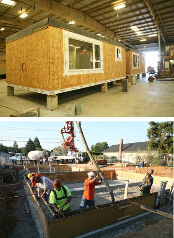 A pair of photographs, one showing two modules inside the factory and the other showing five workmen on the site pouring concrete into wood forms for foundations.