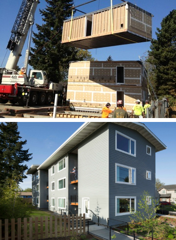 A pair of photographs, one showing a module being lowered onto two stacked modules already in place and the second showing the three finished buildings under a common roof.