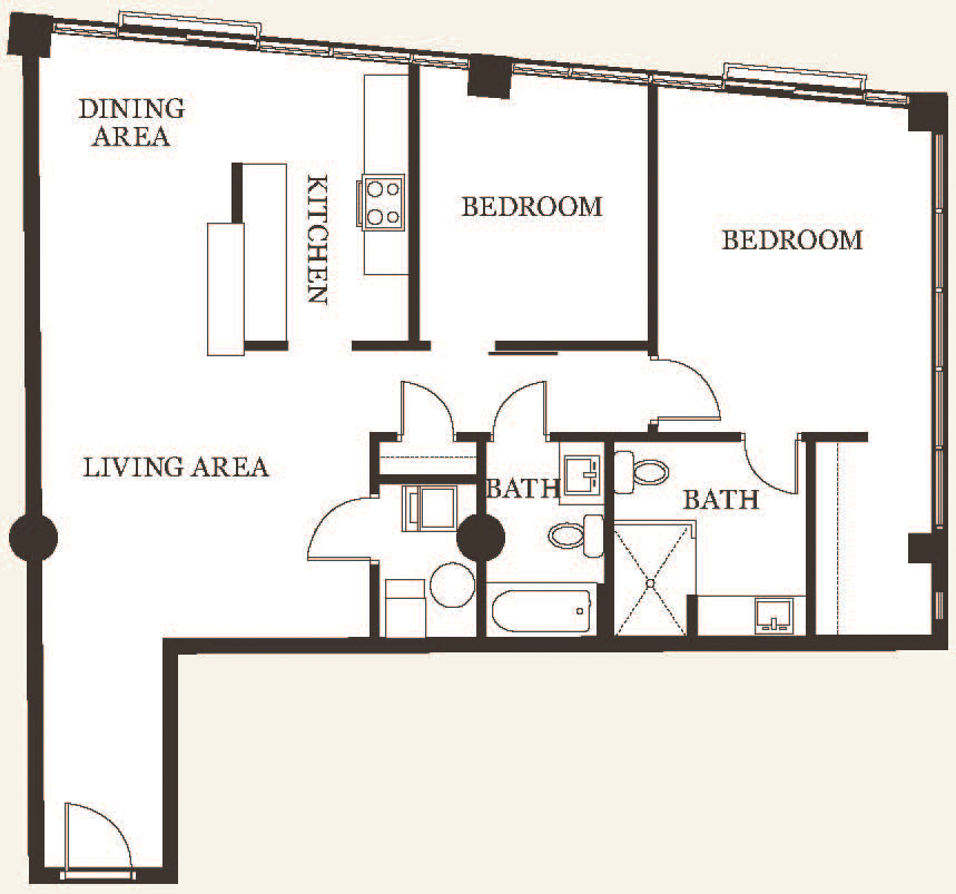 : This is a floor plan for a two bedroom, two bath unit in The Lofts of Reynoldstown.
