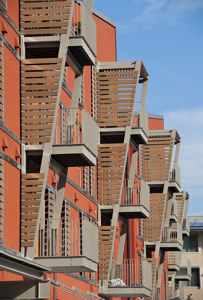 Back view of the Viridian apartments at UC Davis West Village. 