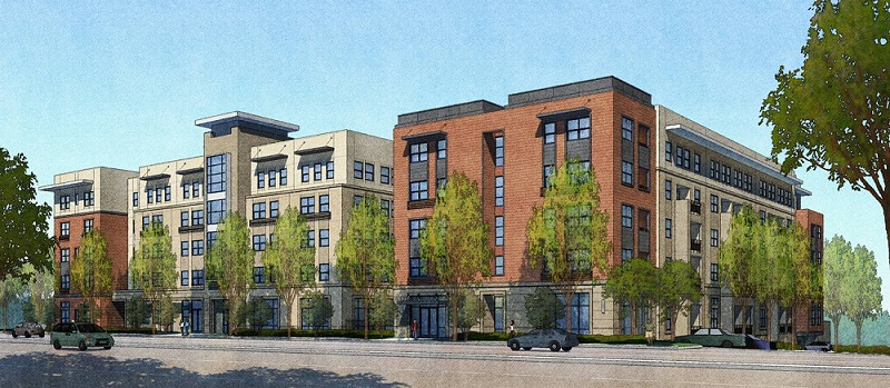 Rendering of the finished affordable housing development, with senior housing shown on the right.