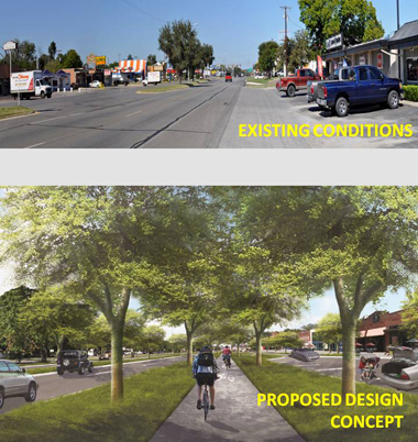 Pair of photographs, taken at street level at the edge of street pavement, of a 2-lane street lined with low intensity commercial uses, showing existing and after conditions. The existing conditions image shows wide curb cuts leading to parking lots in front of one-story commercial buildings. The enhanced image of proposed conditions shows a two bicycle riders on a bike path shaded by two rows of trees placed between the street and abutting commercial uses.
